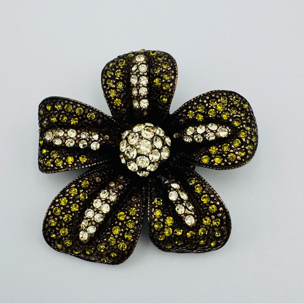 Gold Tone Green Rhinestone 2 Inch FLOWER Brooch Pin